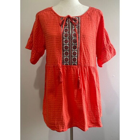 Gigio Tops - Giorgio Peasant Tunic Blouse Womens M Coral Embroidered Boho